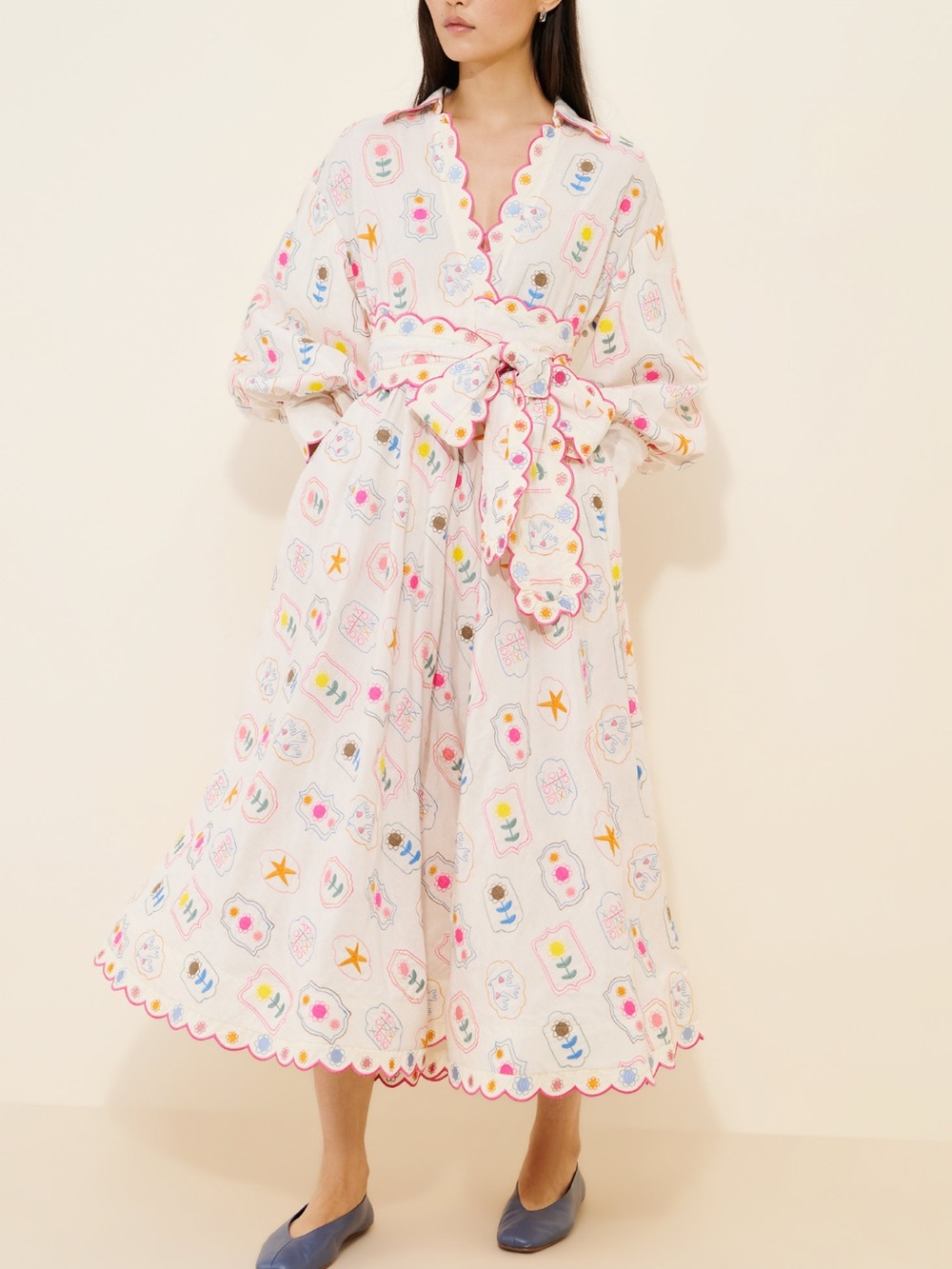 CeliaB White Floral Scallop-Trim Wrap Midi Dress